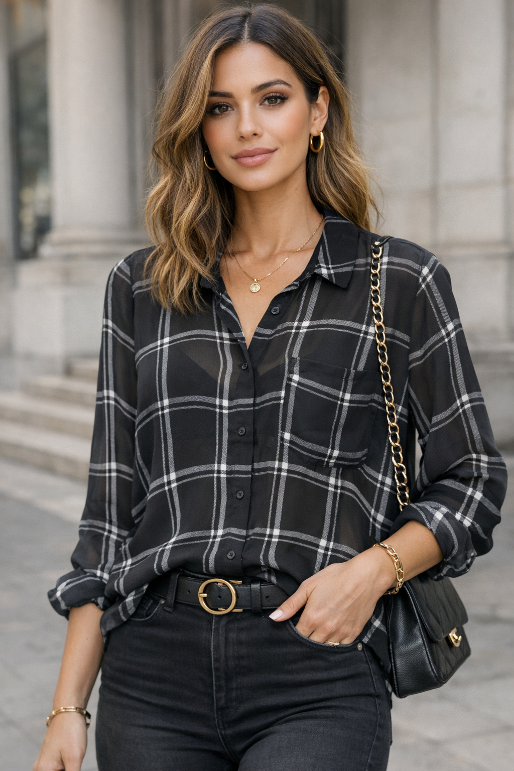 GLASSONS | Plaid Patterned Sheer Blouse | Size 6