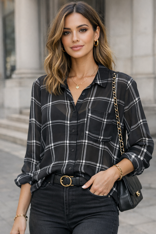 GLASSONS | Plaid Patterned Sheer Blouse | Size 6