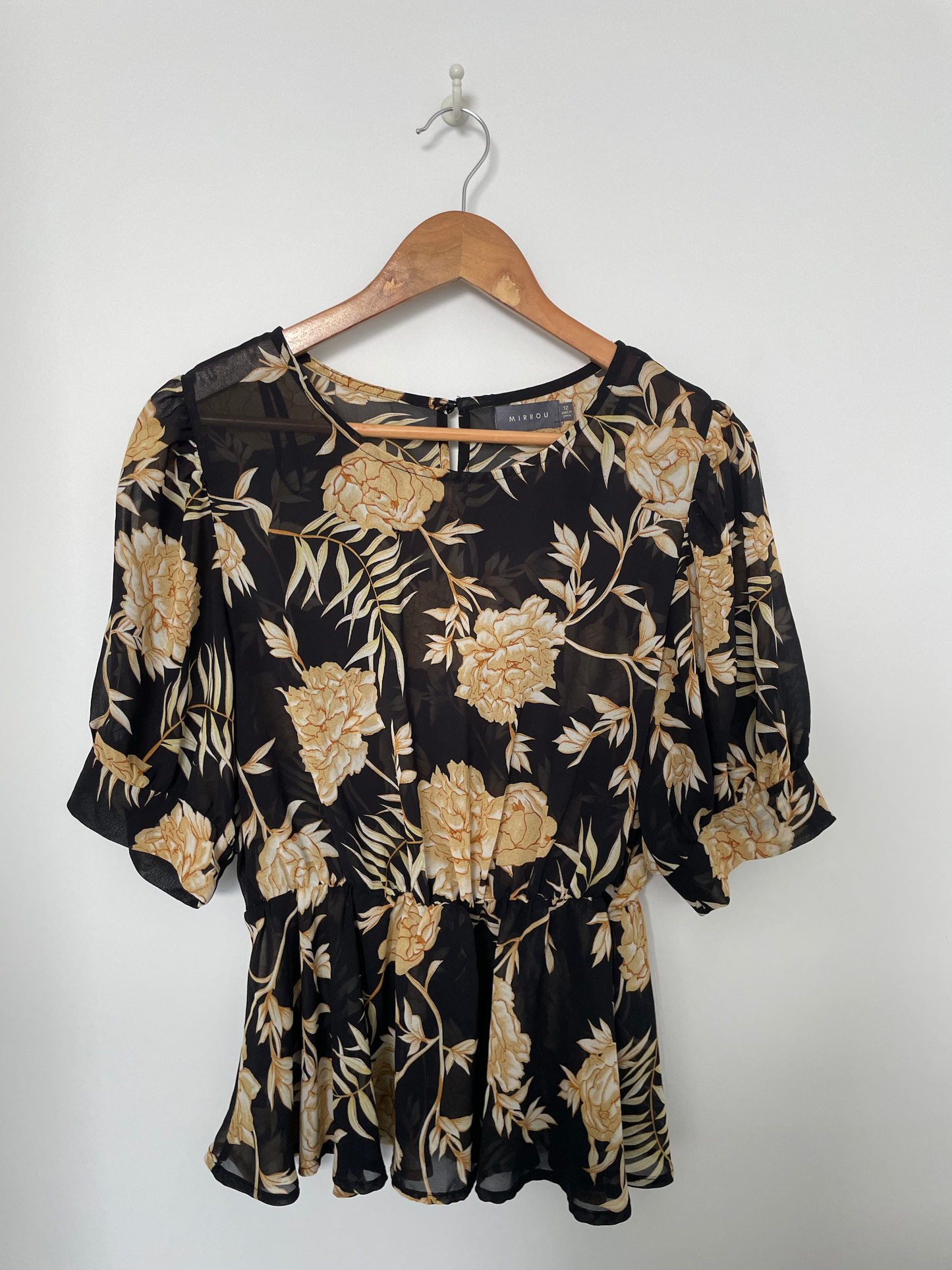 MIRROU | Floral Orange and Black Sheer Blouse | Size 12