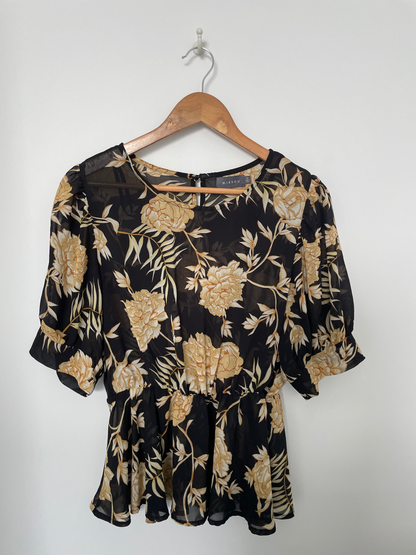 MIRROU | Floral Orange and Black Sheer Blouse | Size 12