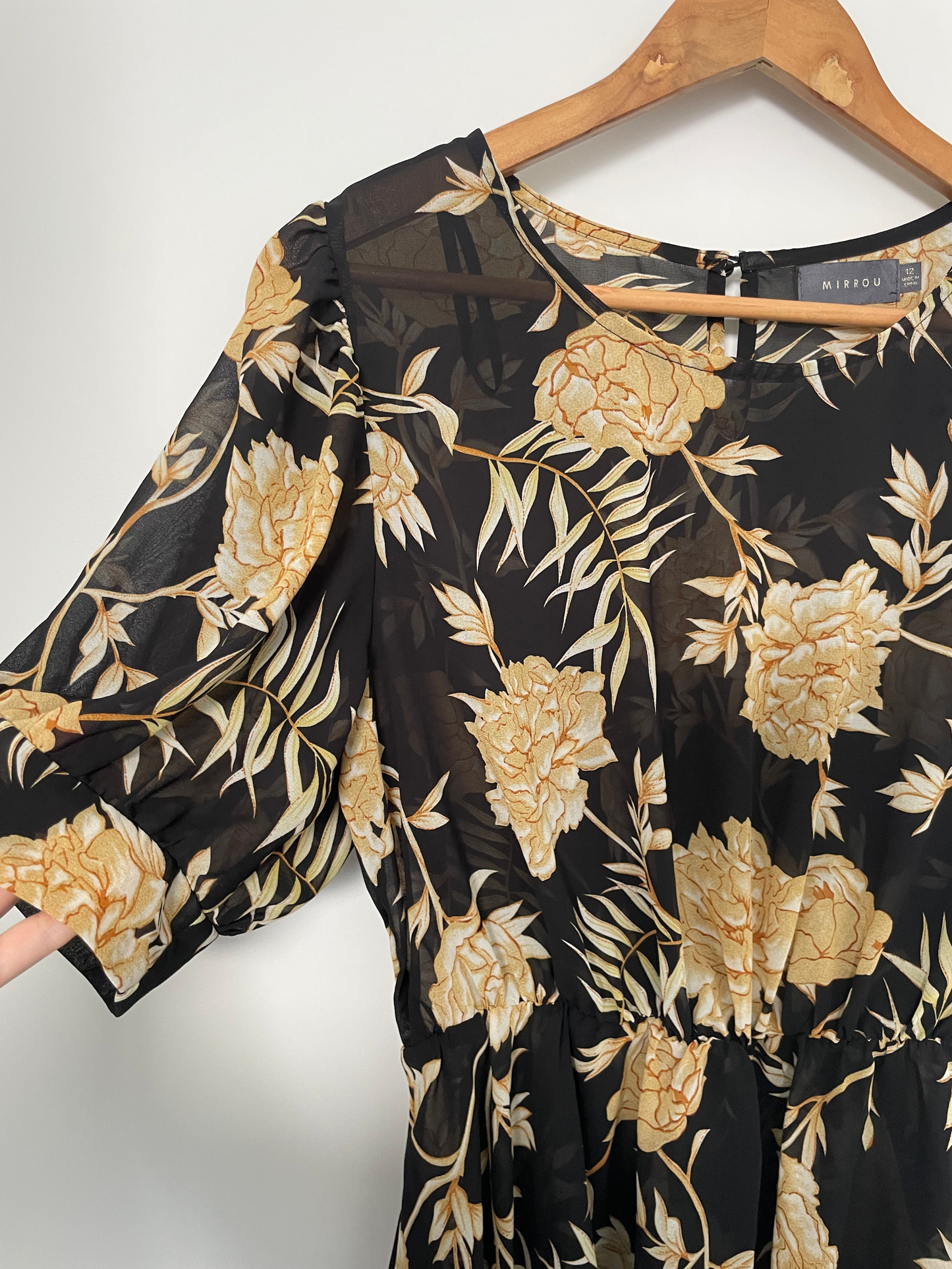 MIRROU | Floral Orange and Black Sheer Blouse | Size 12