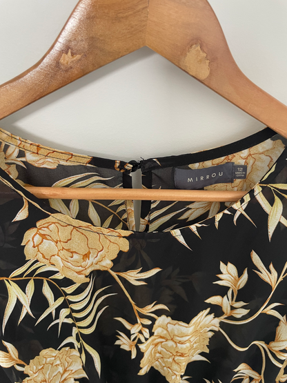 MIRROU | Floral Orange and Black Sheer Blouse | Size 12