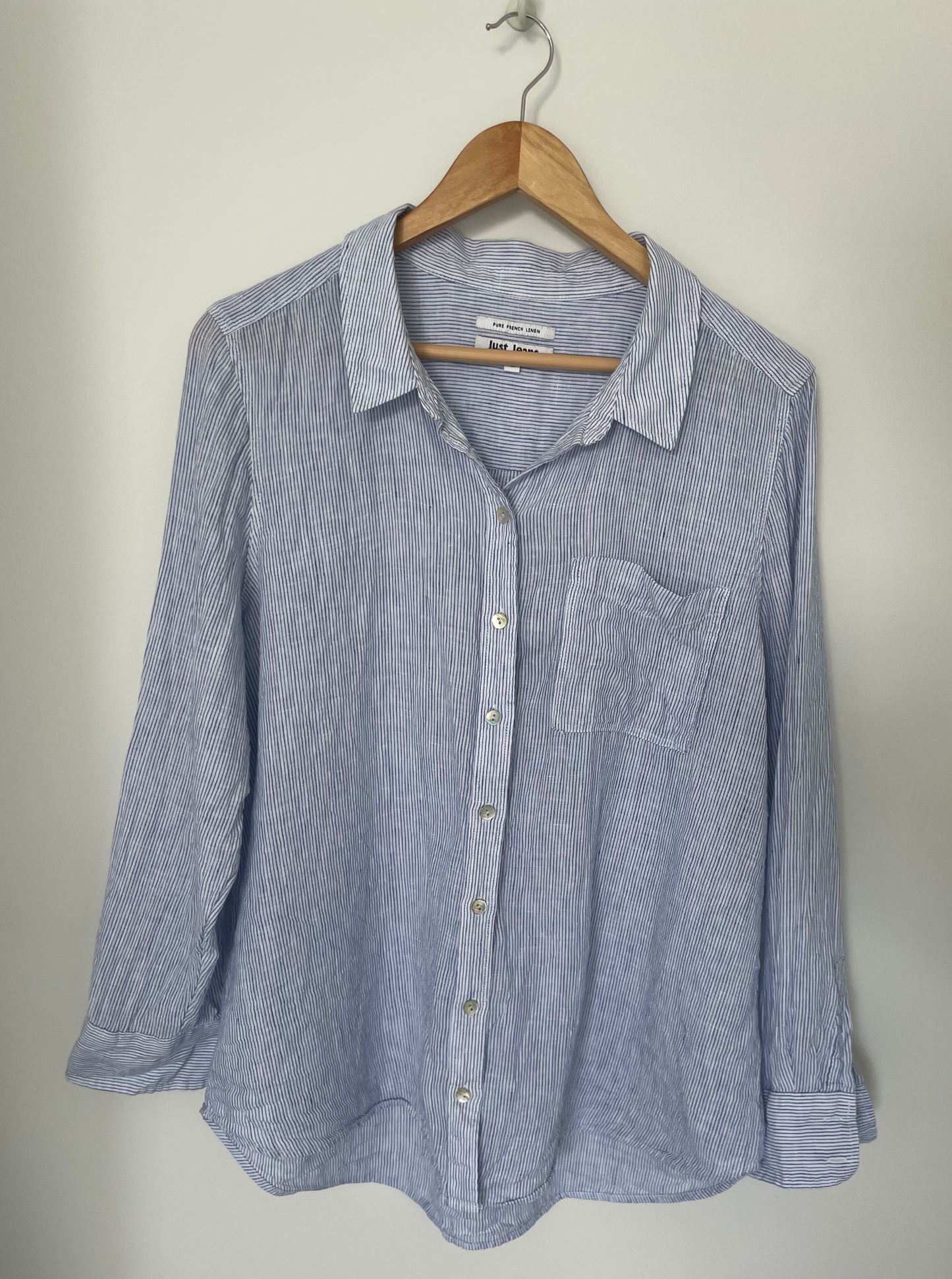 JUST JEANS | Blue Striped Pure French Linen Shirt | Size 16
